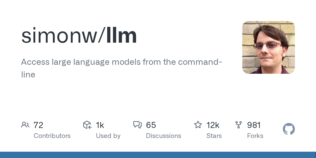 simonw/llm: GitHub preview card