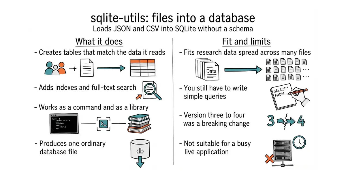 sqlite-utils: files into a database. Loads JSON and CSV into SQLite without a schema.