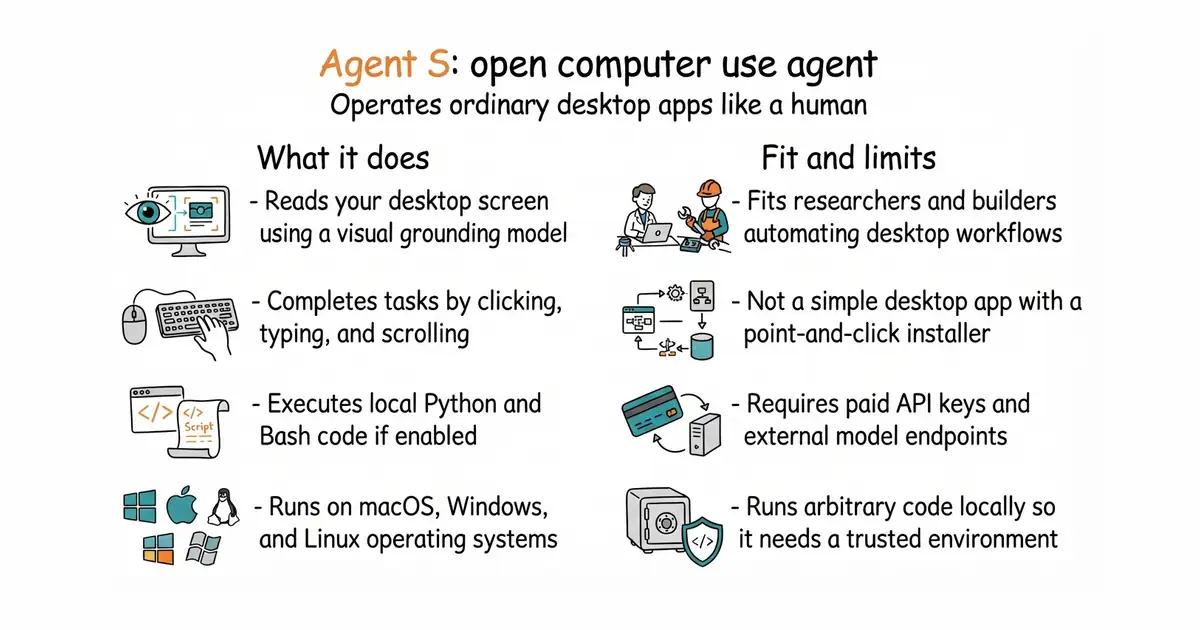 Agent S: open computer use agent. Operates ordinary desktop apps like a human.