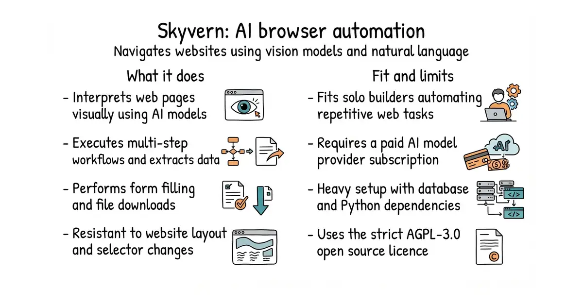 Skyvern: AI browser automation. Navigates websites using vision models and natural language.