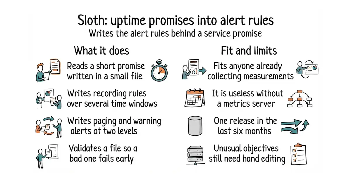 Sloth: uptime promises into alert rules. Writes the alert rules behind a service promise.