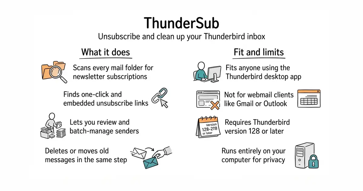 ThunderSub. Unsubscribe and clean up your Thunderbird inbox.