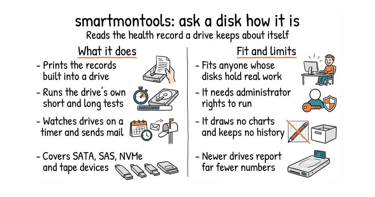 smartmontools: ask a disk how it is. Reads the health record a drive keeps about itself.