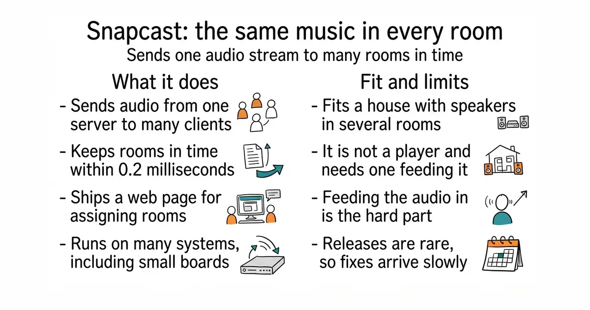 Snapcast: the same music in every room. Sends one audio stream to many rooms in time.