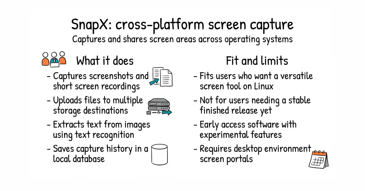 SnapX: cross-platform screen capture. Captures and shares screen areas across operating systems.