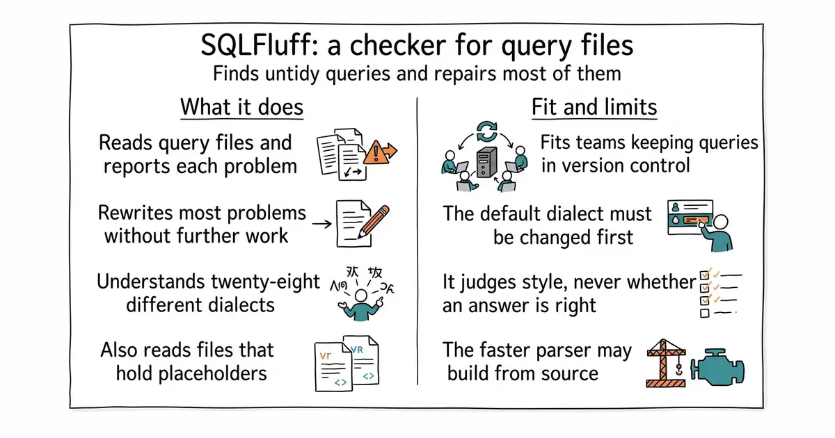SQLFluff: a checker for query files. Finds untidy queries and repairs most of them.