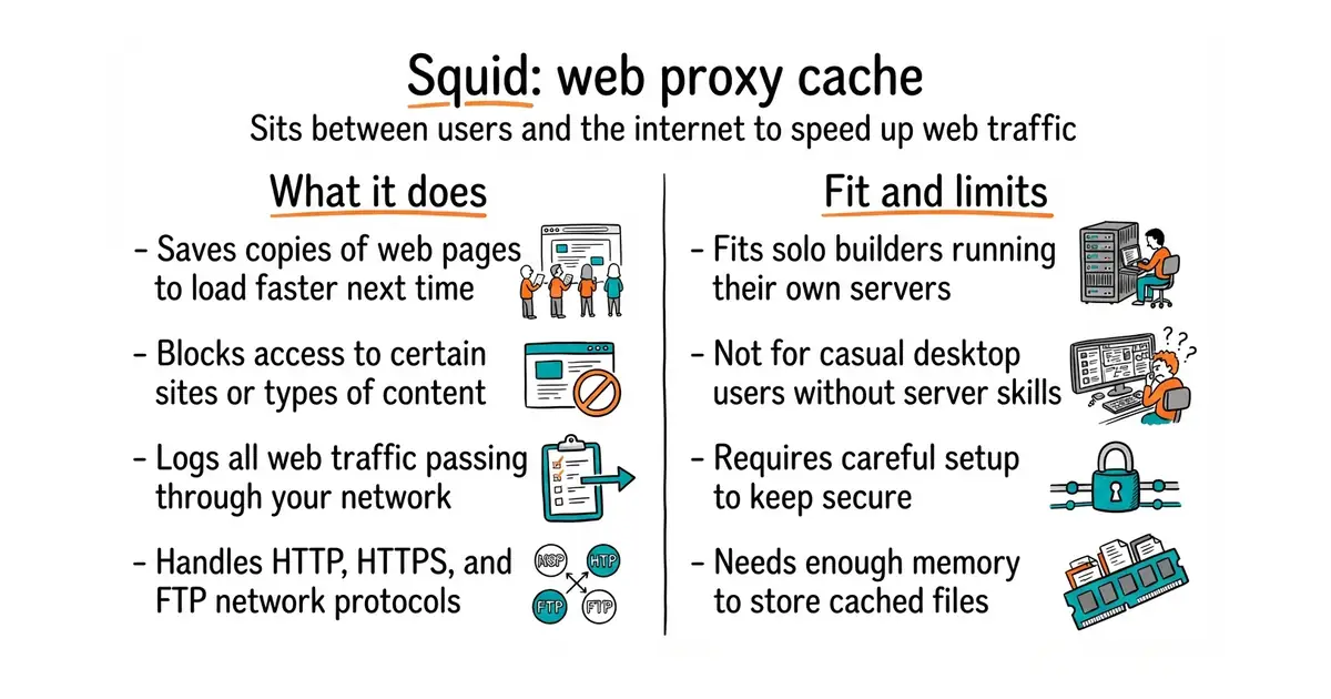 Squid: web proxy cache. Sits between users and the internet to speed up web traffic.