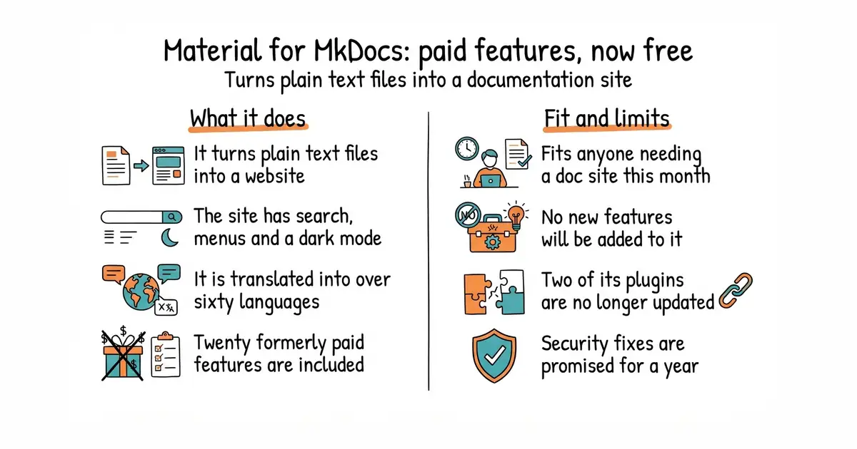 Material for MkDocs: paid features, now free. Turns plain text files into a documentation site.