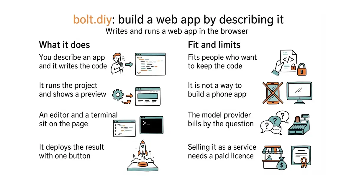 bolt.diy: build a web app by describing it. Writes and runs a web app in the browser.