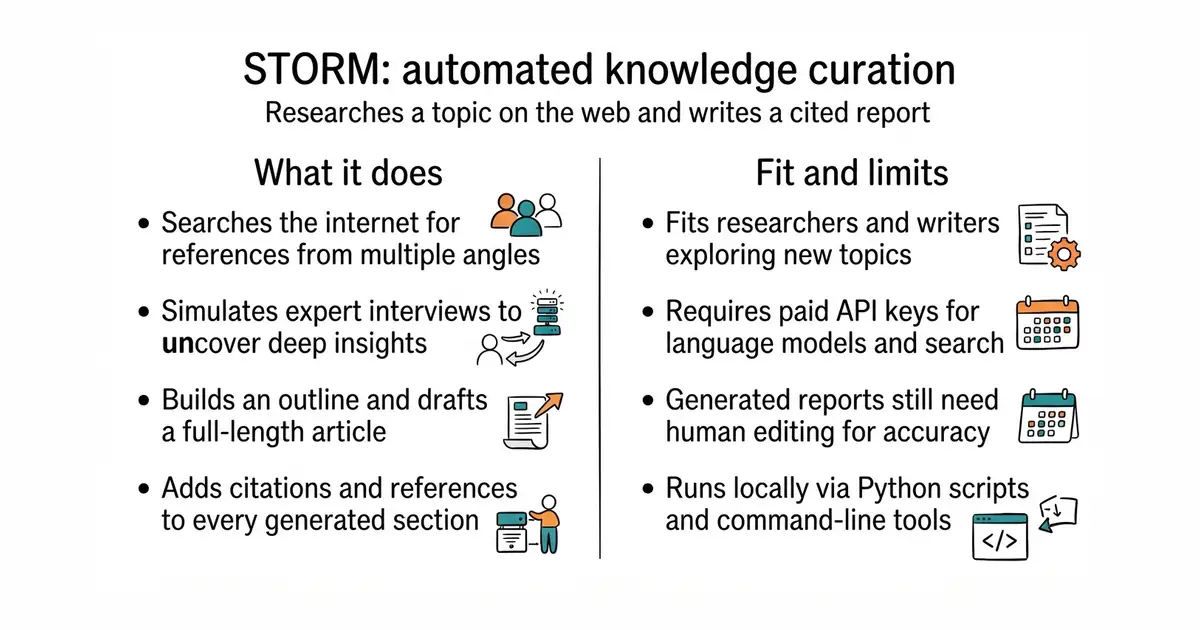 STORM: automated knowledge curation. Researches a topic on the web and writes a cited report.