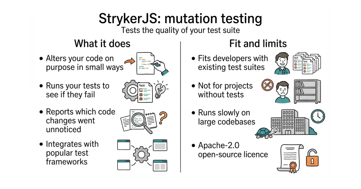 StrykerJS: mutation testing. Tests the quality of your test suite.