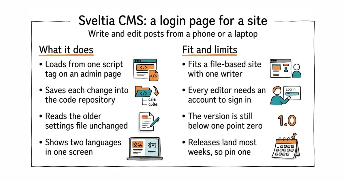 Sveltia CMS: a login page for a site. Write and edit posts from a phone or a laptop.