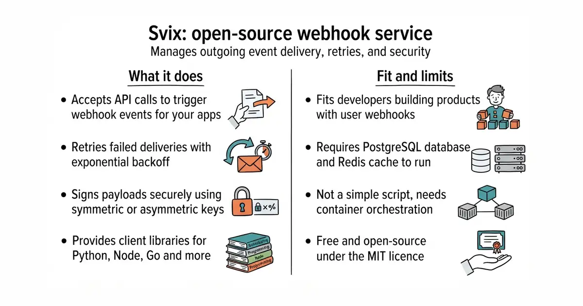 Svix: open-source webhook service. Manages outgoing event delivery, retries, and security.