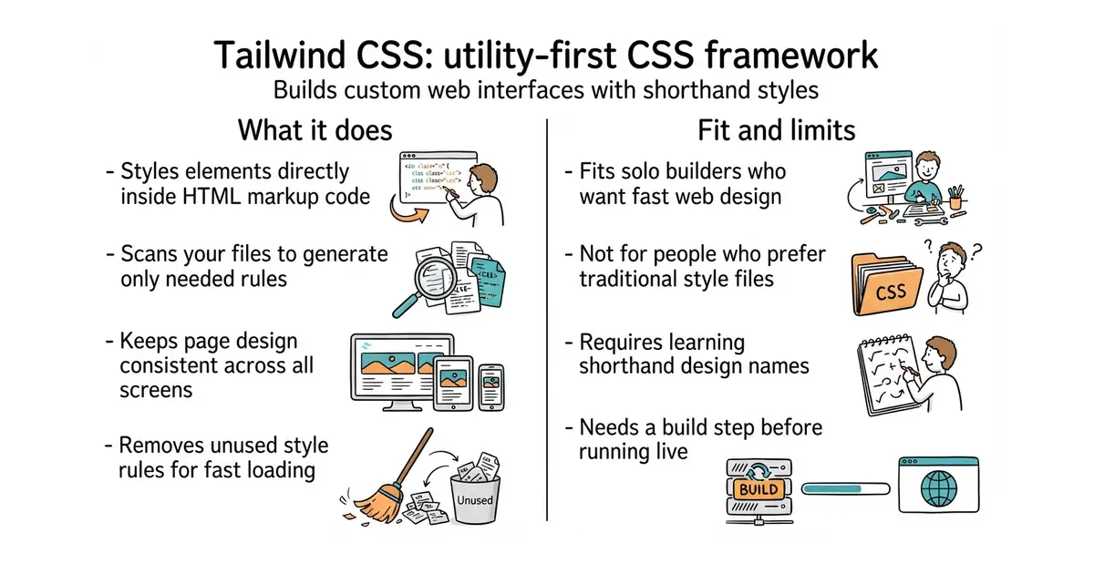 Tailwind CSS: utility-first CSS framework. Builds custom web interfaces with shorthand styles.