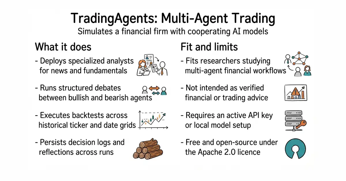 TradingAgents: Multi-Agent Trading. Simulates a financial firm with cooperating AI models.