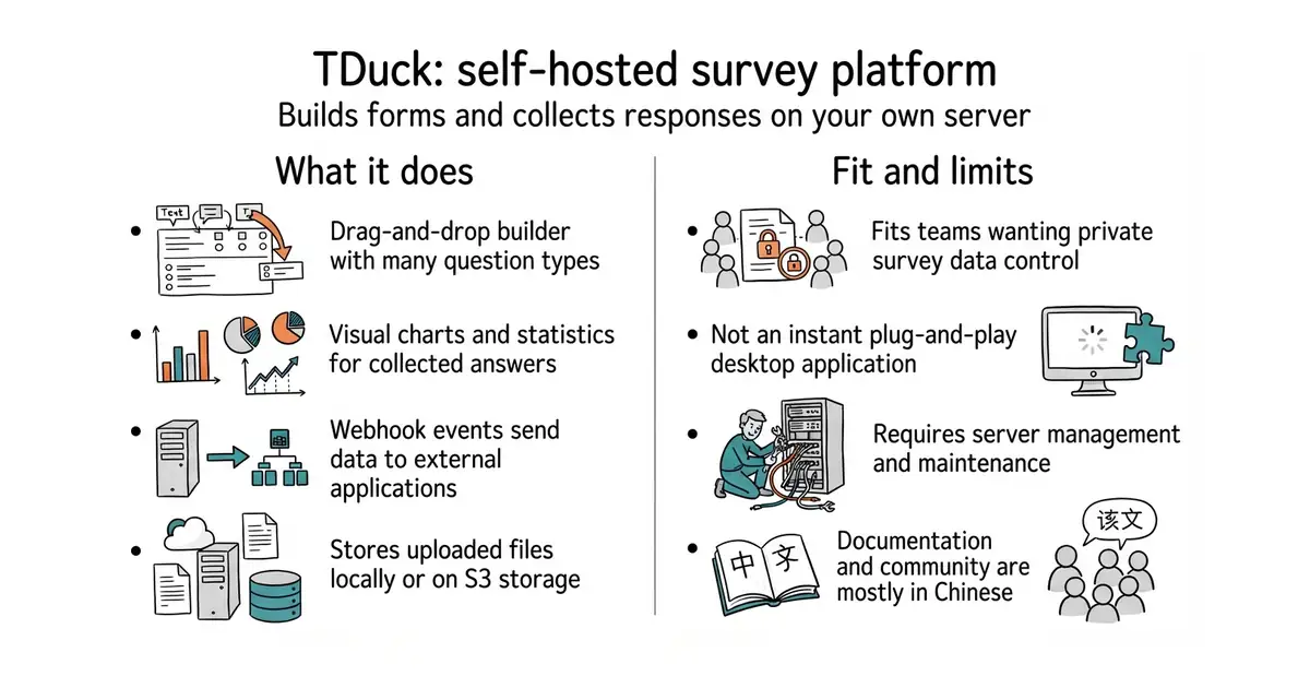 TDuck: self-hosted survey platform. Builds forms and collects responses on your own server.