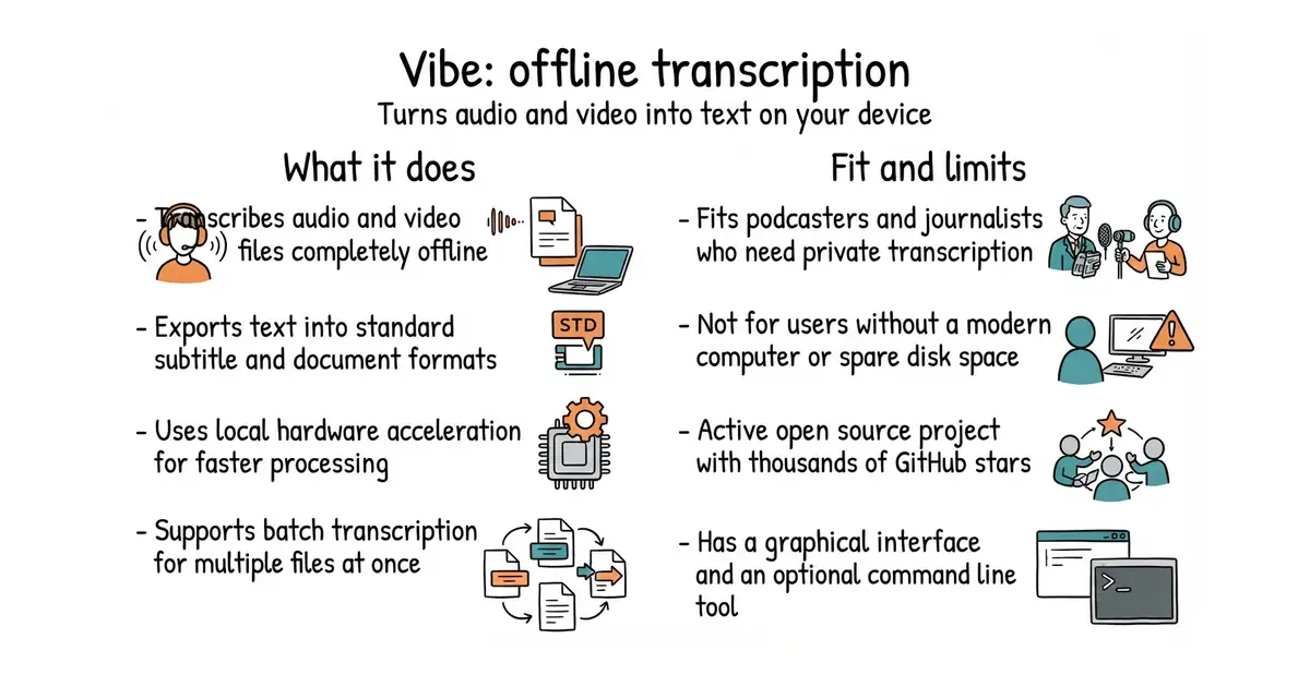 Vibe: offline transcription. Turns audio and video into text on your device.