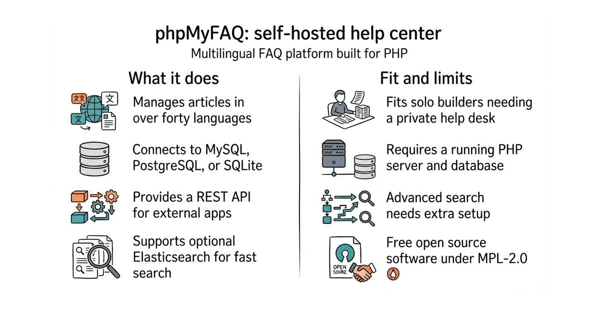 phpMyFAQ: self-hosted help center. Multilingual FAQ platform built for PHP.
