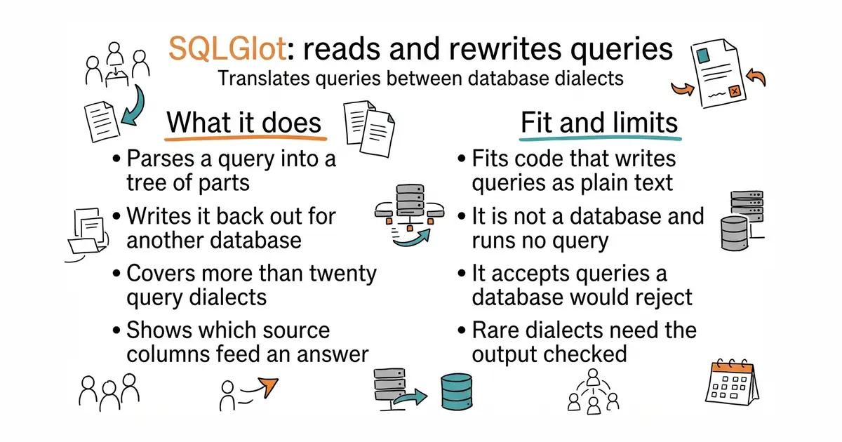 SQLGlot: reads and rewrites queries. Translates queries between database dialects.