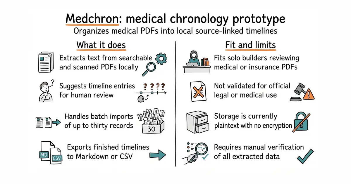 Medchron: medical chronology prototype. Organizes medical PDFs into local source-linked timelines.