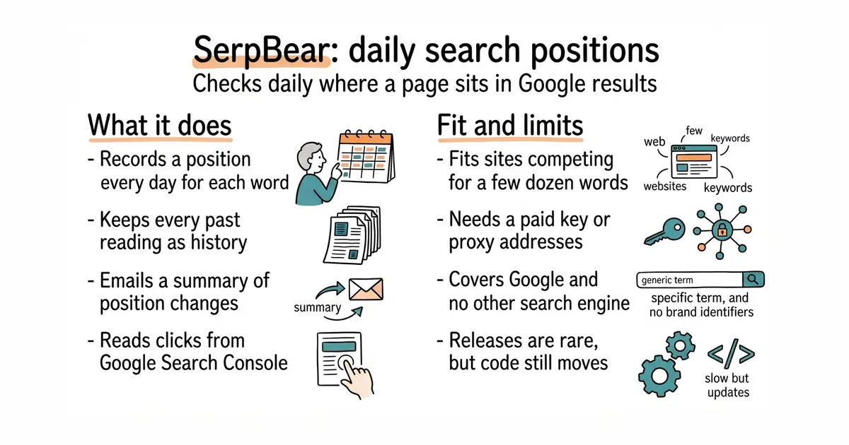 SerpBear: daily search positions. Checks daily where a page sits in Google results.