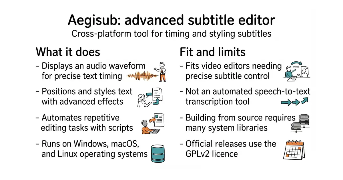 Aegisub: advanced subtitle editor. Cross-platform tool for timing and styling subtitles.