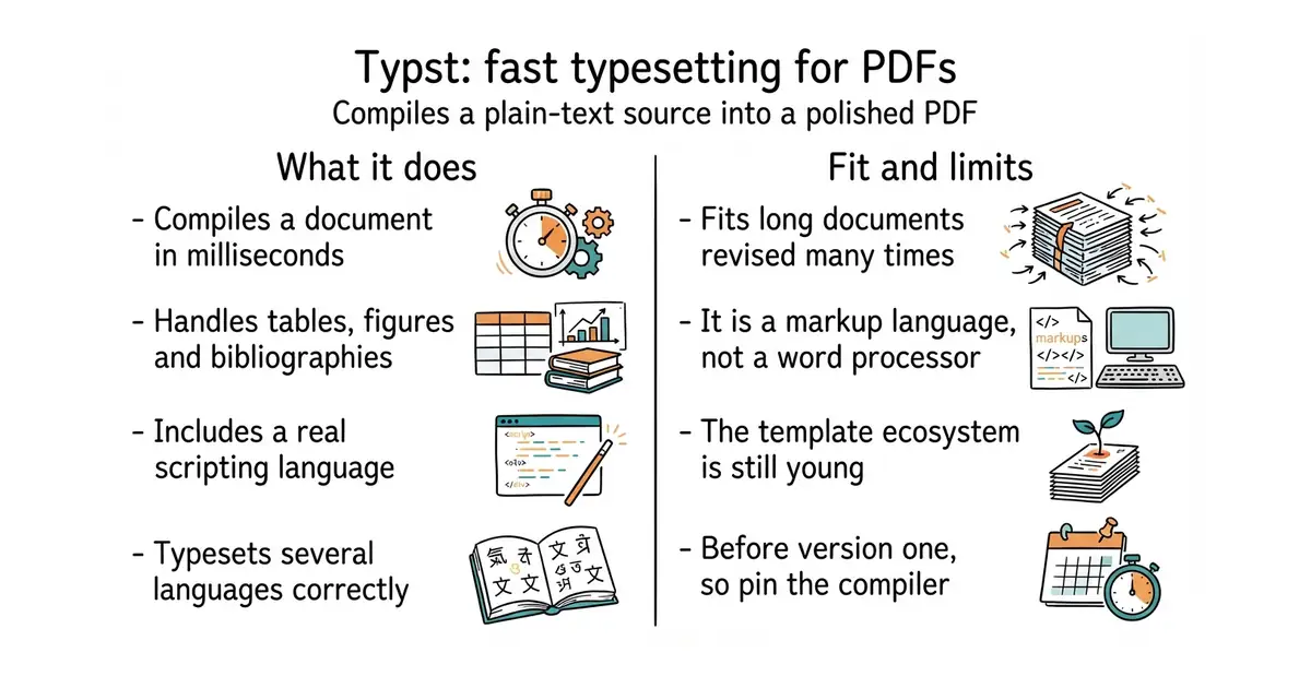 Typst: fast typesetting for PDFs. Compiles a plain-text source into a polished PDF.