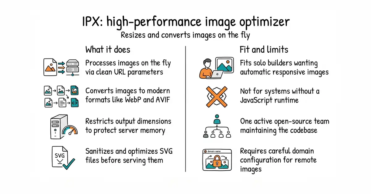 IPX: high-performance image optimizer. Resizes and converts images on the fly.