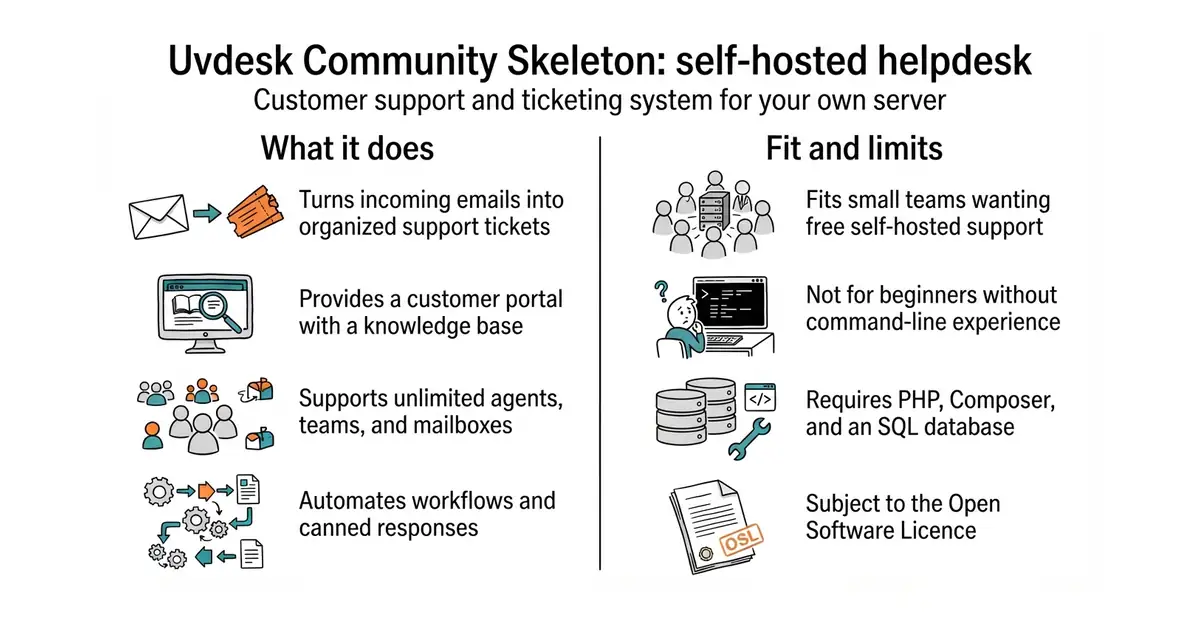 Uvdesk Community Skeleton: self-hosted helpdesk. Customer support and ticketing system for your own server.
