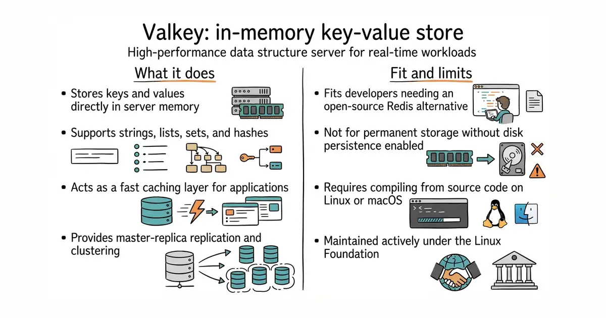 Valkey: in-memory key-value store. High-performance data structure server for real-time workloads.