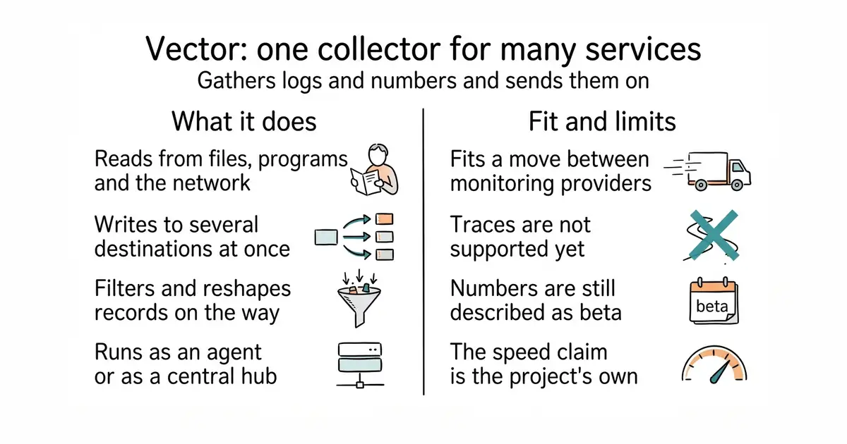 Vector: one collector for many services. Gathers logs and numbers and sends them on.