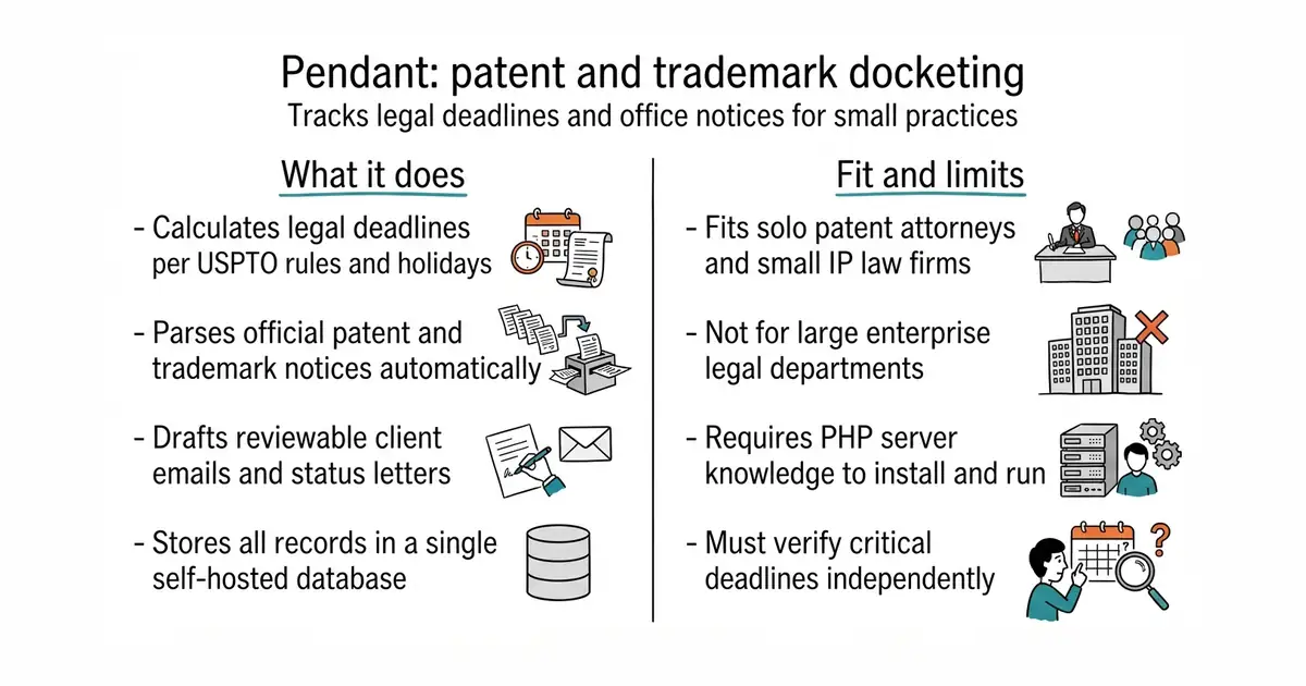 Pendant: patent and trademark docketing. Tracks legal deadlines and office notices for small practices.