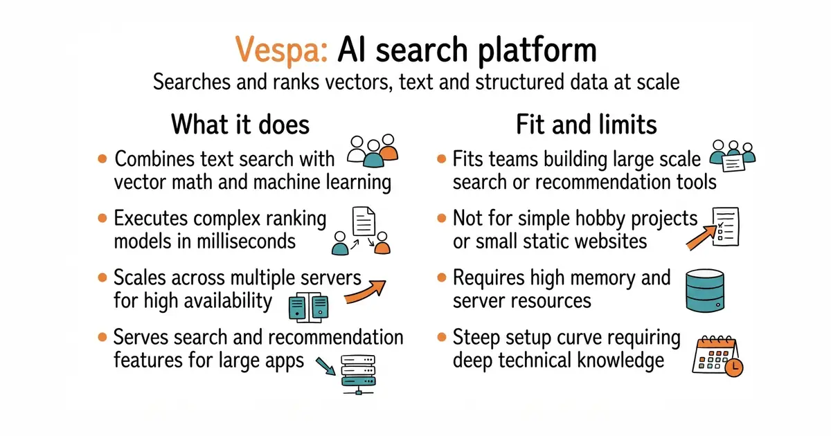 Vespa: AI search platform. Searches and ranks vectors, text and structured data at scale.