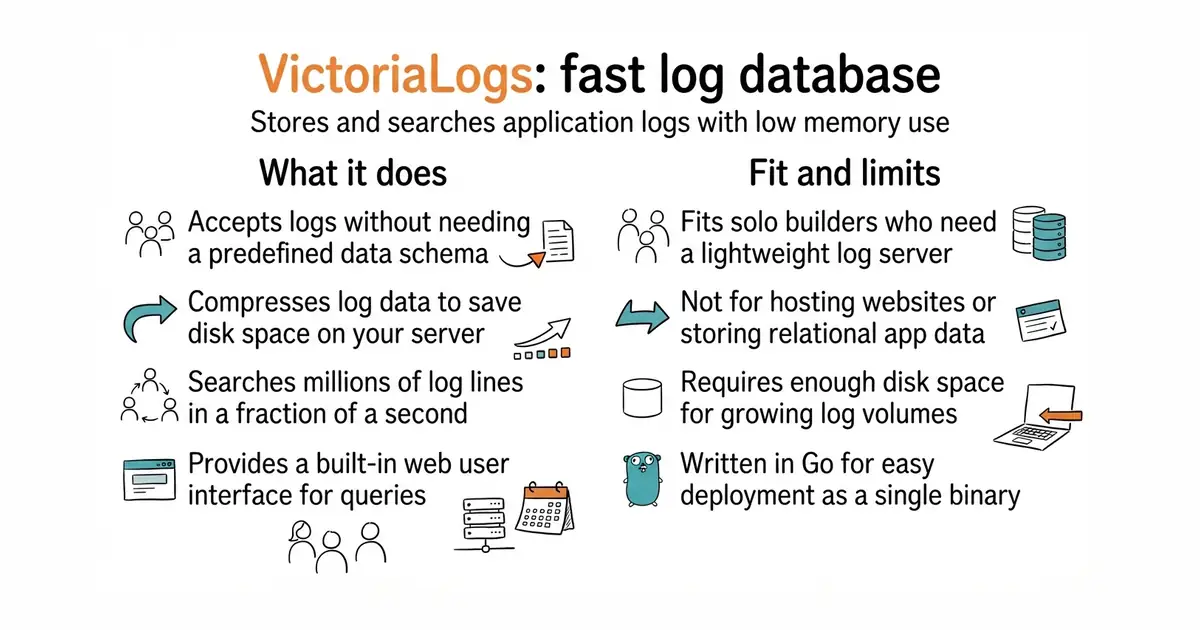 VictoriaLogs: fast log database. Stores and searches application logs with low memory use.