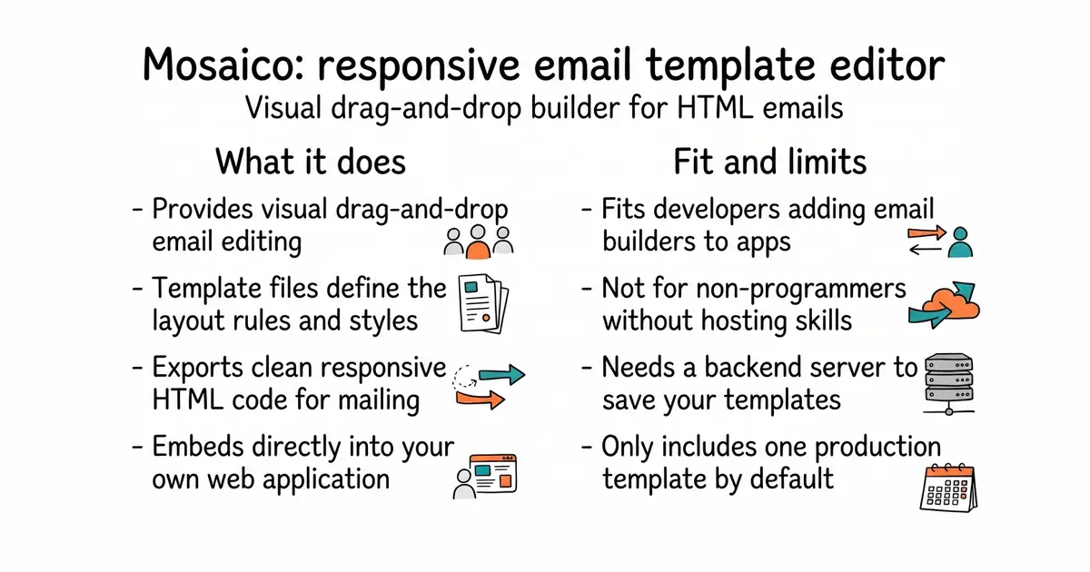 Mosaico: responsive email template editor. Visual drag-and-drop builder for HTML emails.