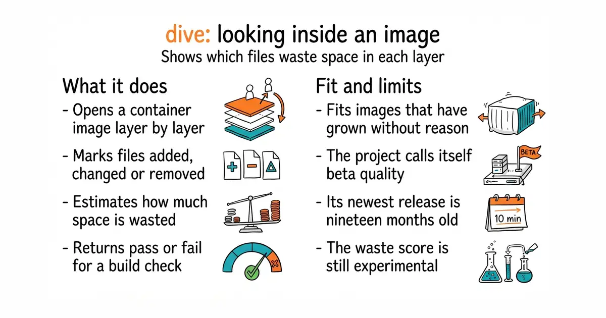 dive: looking inside an image. Shows which files waste space in each layer.