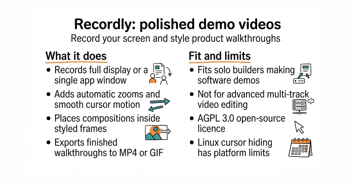 Recordly: polished demo videos. Record your screen and style product walkthroughs.