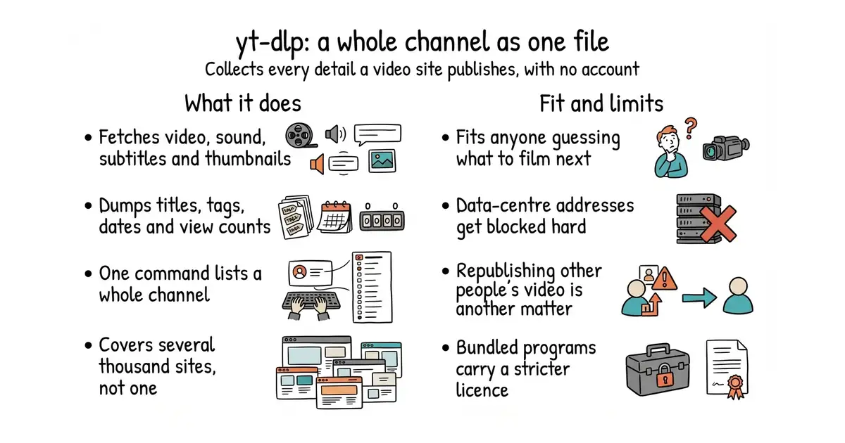 yt-dlp: a whole channel as one file. Collects every detail a video site publishes, with no account.