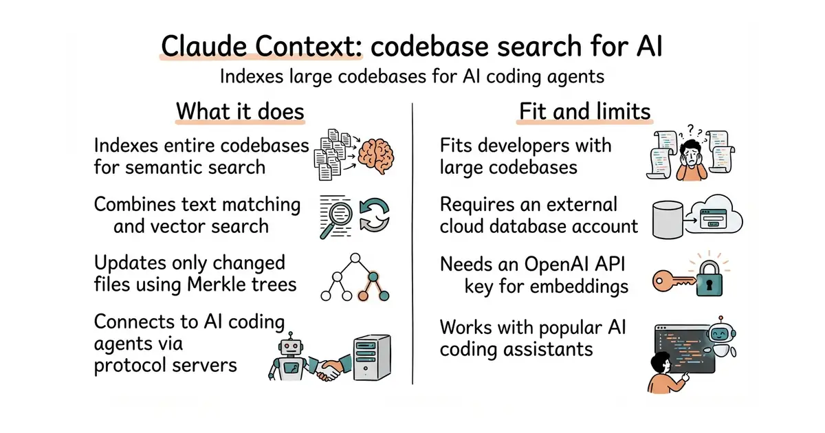 Claude Context: codebase search for AI. Indexes large codebases for AI coding agents.