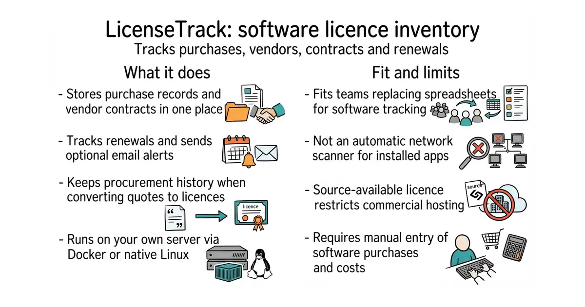 LicenseTrack: software licence inventory. Tracks purchases, vendors, contracts and renewals.
